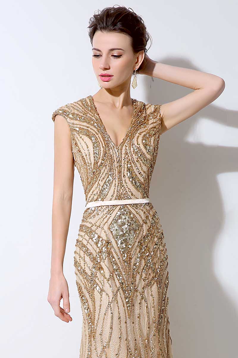 Gold Luxury Beaded Evening Dress V-neck Formal Charming Prom Dress luladress Gold Luxury Beaded Evening Dress V-neck Formal Charming Prom Dress luladress