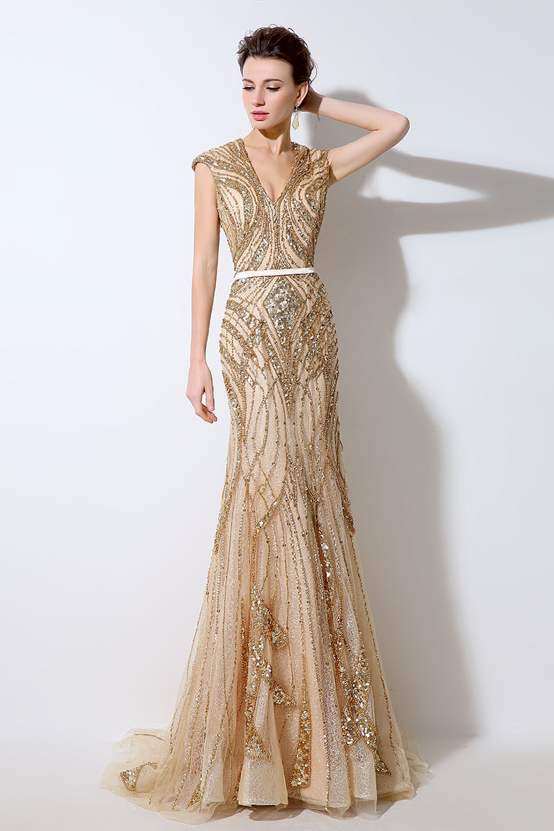 Gold Luxury Beaded Evening Dress V-neck Formal Charming Prom Dress, BS07