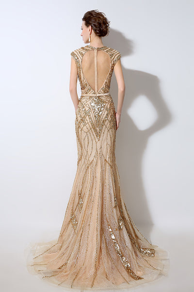 Gold Luxury Beaded Evening Dress V-neck Formal Charming Prom Dress, BS07