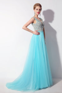 Light Blue Tulle Beaded Long Prom Dress V-neck Party Dress, BS08