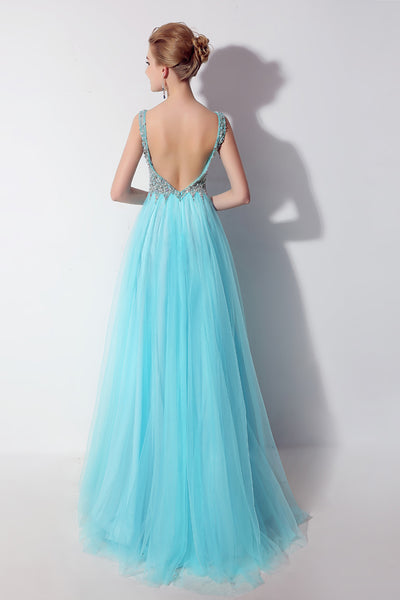 Light Blue Tulle Beaded Long Prom Dress V-neck Party Dress, BS08