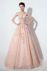 Light Pink Lace A-line Long Prom Dress Flower Appliques Ball Gown, BS09