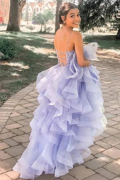 A-line Lavender Puffy Tulle Spaghetti Straps Prom Dresses, Evening Dresses,BD930748