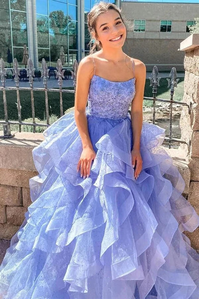 A-line Lavender Puffy Tulle Spaghetti Straps Prom Dresses, Evening Dresses,BD930748