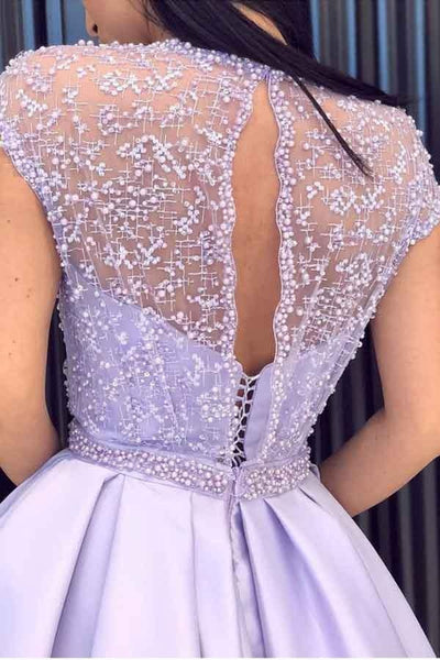 A-line Lavender Satin Beaded Long Prom Dresses, Evening Dresses,BD930778