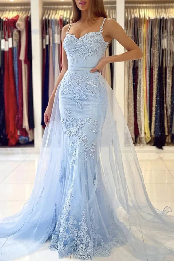 Lace Mermaid Light Blue Spaghetti Straps Prom Dresses, Evening Dresses,BD930752