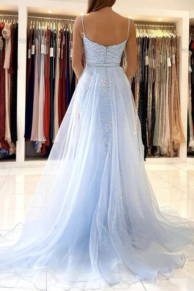 Lace Mermaid Light Blue Spaghetti Straps Prom Dresses, Evening Dresses,BD930752