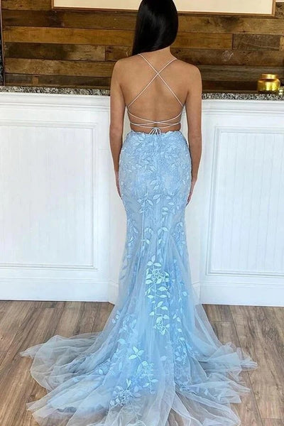 Light Blue Mermaid Two Piece Scoop Neck Lace Appliques Prom Dresses,BD930737
