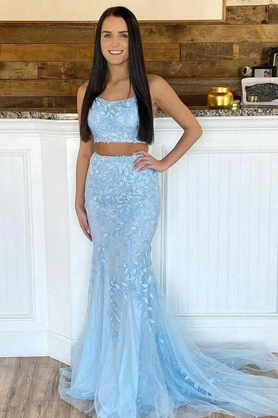 Light Blue Mermaid Two Piece Scoop Neck Lace Appliques Prom Dresses,BD930737