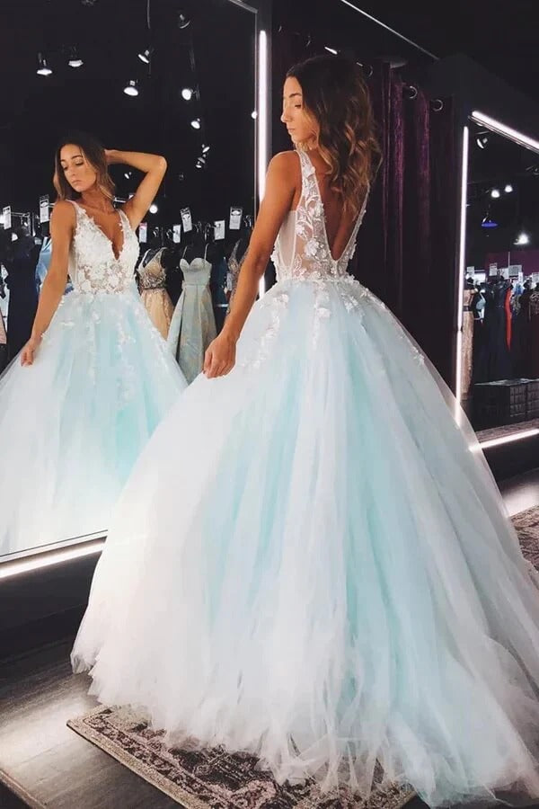 Light Green Tulle Lace A-line V-neck Appliques Prom Dresses, Evening Dresses