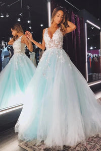 Light Green Tulle Lace A-line V-neck Appliques Prom Dresses, Evening Dresses,BD930719