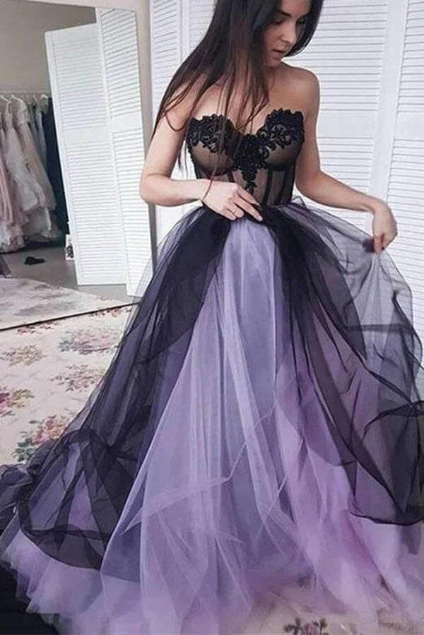 Sweetheart Lilac Black Tulle A-line Prom Dresses,BD930750