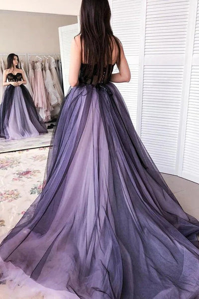 Sweetheart Lilac Black Tulle A-line Prom Dresses,BD930750