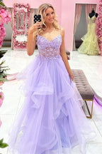 A-line V-neck Lilac Tulle Lace Appliques Long Prom Dresses, Evening Dresses