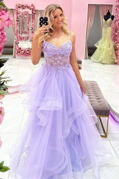 A-line V-neck Lilac Tulle Lace Appliques Long Prom Dresses, Evening Dresses