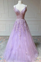 A-line V-neck Lilac Tulle Prom Dresses With Lace Appliques, Evening Dresses