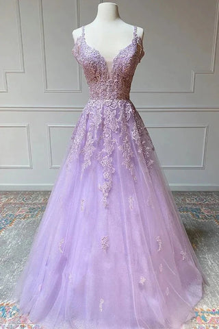 A-line V-neck Lilac Tulle Prom Dresses With Lace Appliques, Evening Dresses