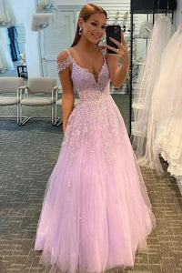 A-line V-neck Lilac Tulle Prom Dresses With Lace Appliques, Evening Dresses,BD930714