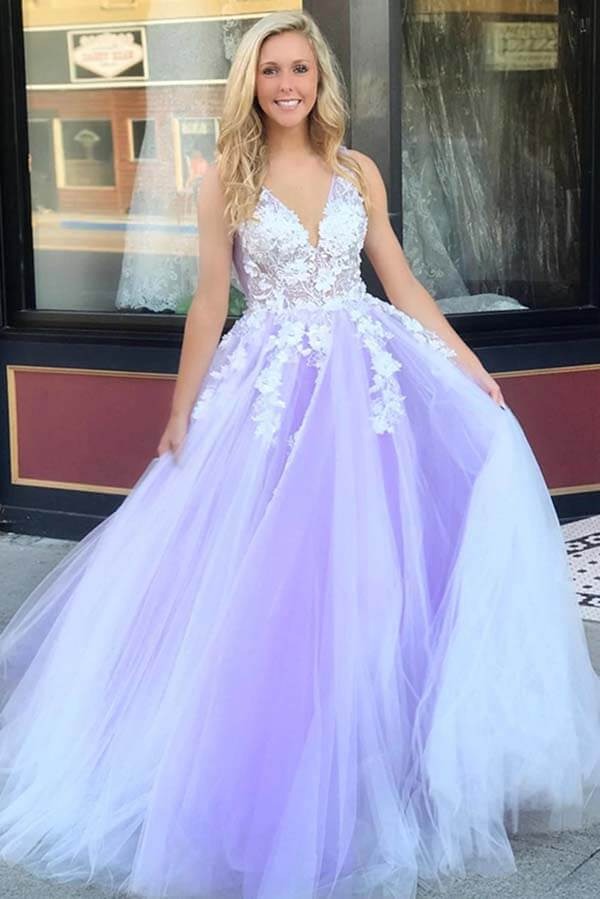 V-neck Open Back Lilac Tulle Lace A-line Prom Dresses, Long Formal Dress,BD930788