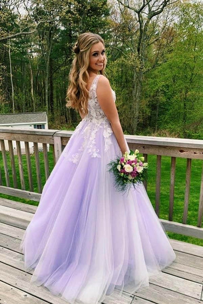 V-neck Open Back Lilac Tulle Lace A-line Prom Dresses, Long Formal Dress,BD930788