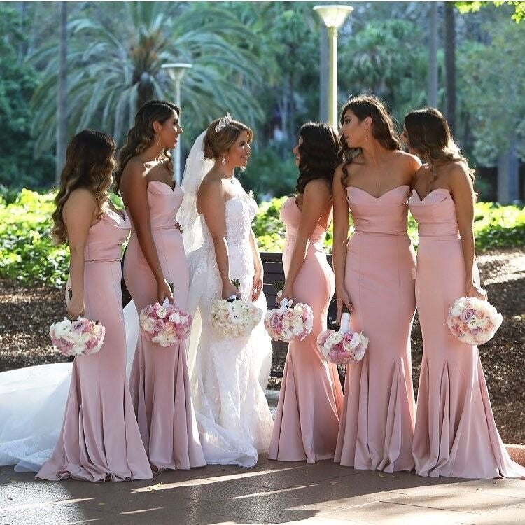 Mermaid Long Strapless Blush Pink Satin Bridesmaid Dresses Party Dresses
