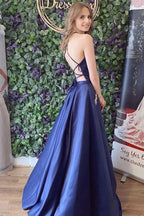 Navy Blue Satin A-line Lace Up Back Simple Prom Dresses luladress Navy Blue Satin A-line Lace Up Back Simple Prom Dresses luladress