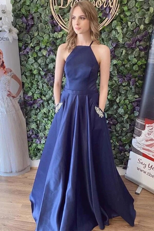 Navy Blue Satin A-line Lace Up Back Simple Prom Dresses,BD930724