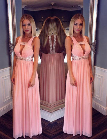 pink Evening Dress,v-neck Prom Dress,chiffon prom dress,cheap prom dress,formal evening dress,BD2961