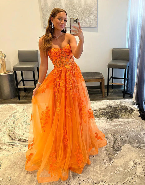 A Line  Long Orange Appliques Sweetheart Prom Dress,BD930617