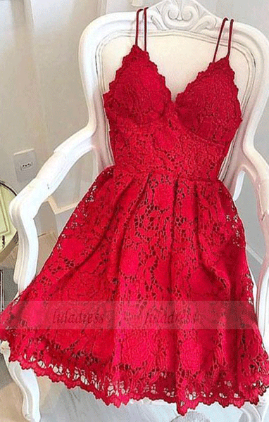 Red lace v neck short prom dress, homecoming dress,BW97079