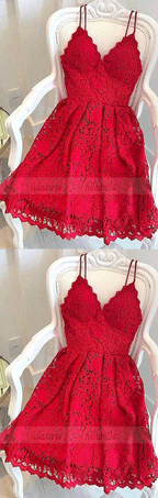 Red lace v neck short prom dress, homecoming dress