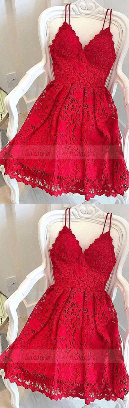 Red lace v neck short prom dress, homecoming dress