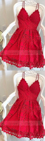 Red lace v neck short prom dress, homecoming dress