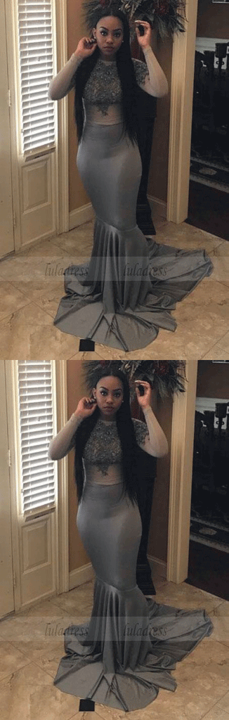 Grey long deals sleeve prom dresses