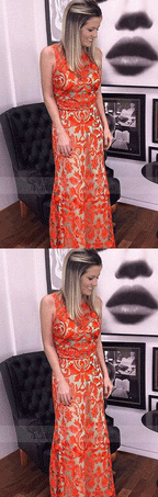 Jewel Lace Floor-length Sleeveless Orange Prom Dress