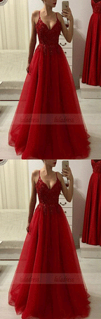 Red v neck lace tulle long prom dress, red evening dress