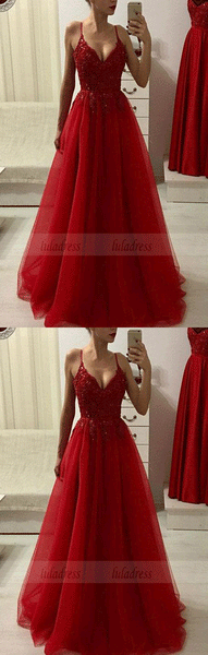 Red v neck lace tulle long prom dress, red evening dress,BD98203