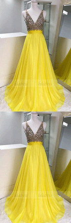 Yellow v neck chiffon beaded long prom dress, yellow evening dress