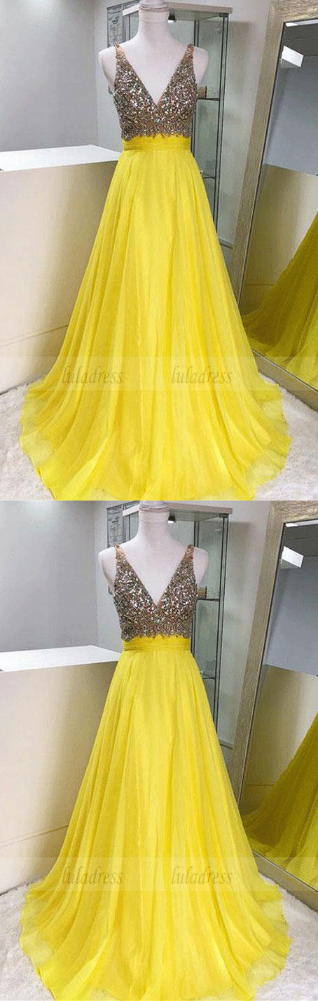 Yellow v neck chiffon beaded long prom dress, yellow evening dress