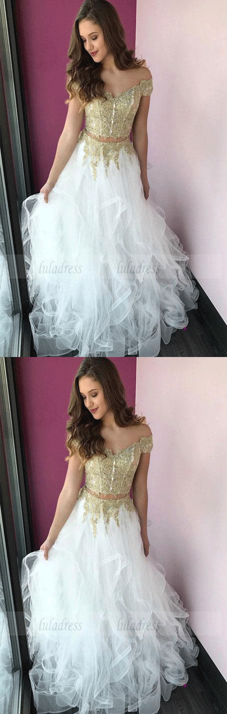 Princess Off the Shoulder Two Piece Gold and White Tulle Long Party Dress