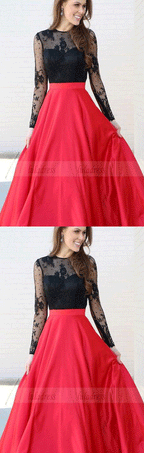 Long Sleeves Black and Red Long Prom Dress Party Dress