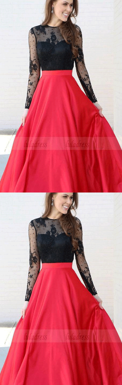 Long Sleeves Black and Red Long Prom Dress Party Dress