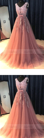 Pink v neck lace tulle long prom dress, evening dress