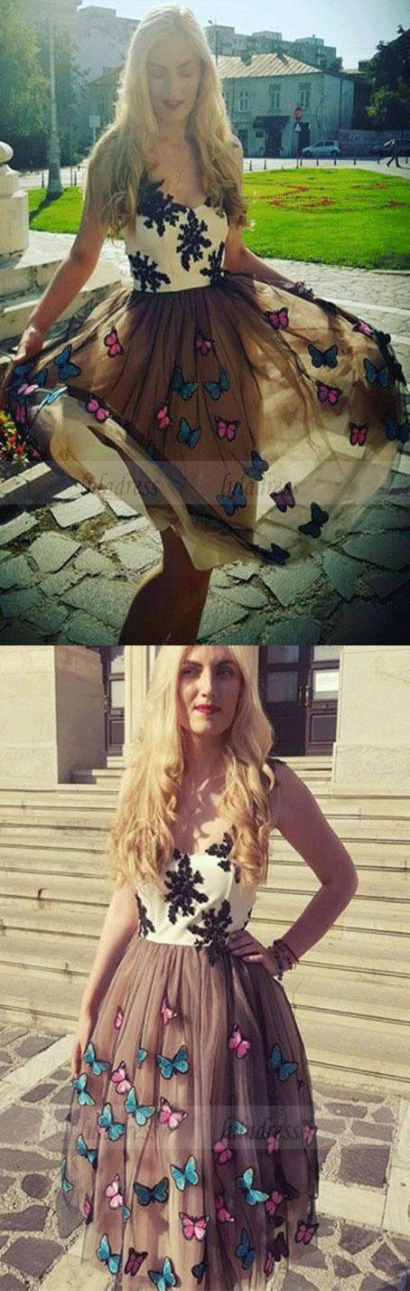 modest brown tulle short prom dresses with appliques,unique knee length party dresses