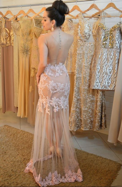 Sleeveless Lace Applique Mermaid Prom Dresses,BW97526
