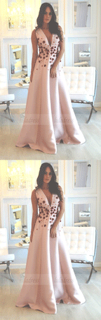 V-Neck Pink Prom Dresses with Appliques