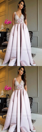 V Neck Long Prom Dresses With Appliques