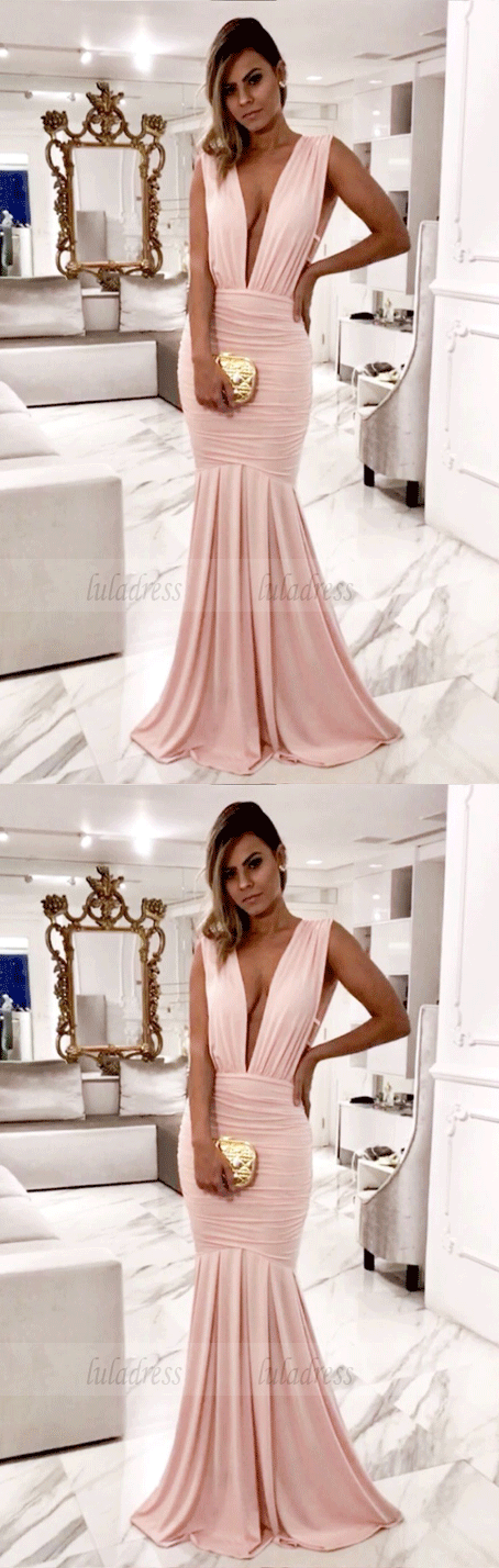 Deep V Neck Pink Long Prom Dresses