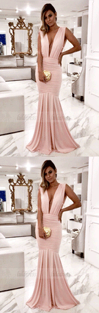 Deep V Neck Pink Long Prom Dresses