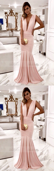 Deep V Neck Pink Long Prom Dresses,BW97167